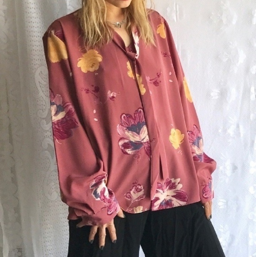 VINTAGE TRADITION BRAND SECRETARY FLORAL BLOUSE w/BOWPINK Long Sleeve